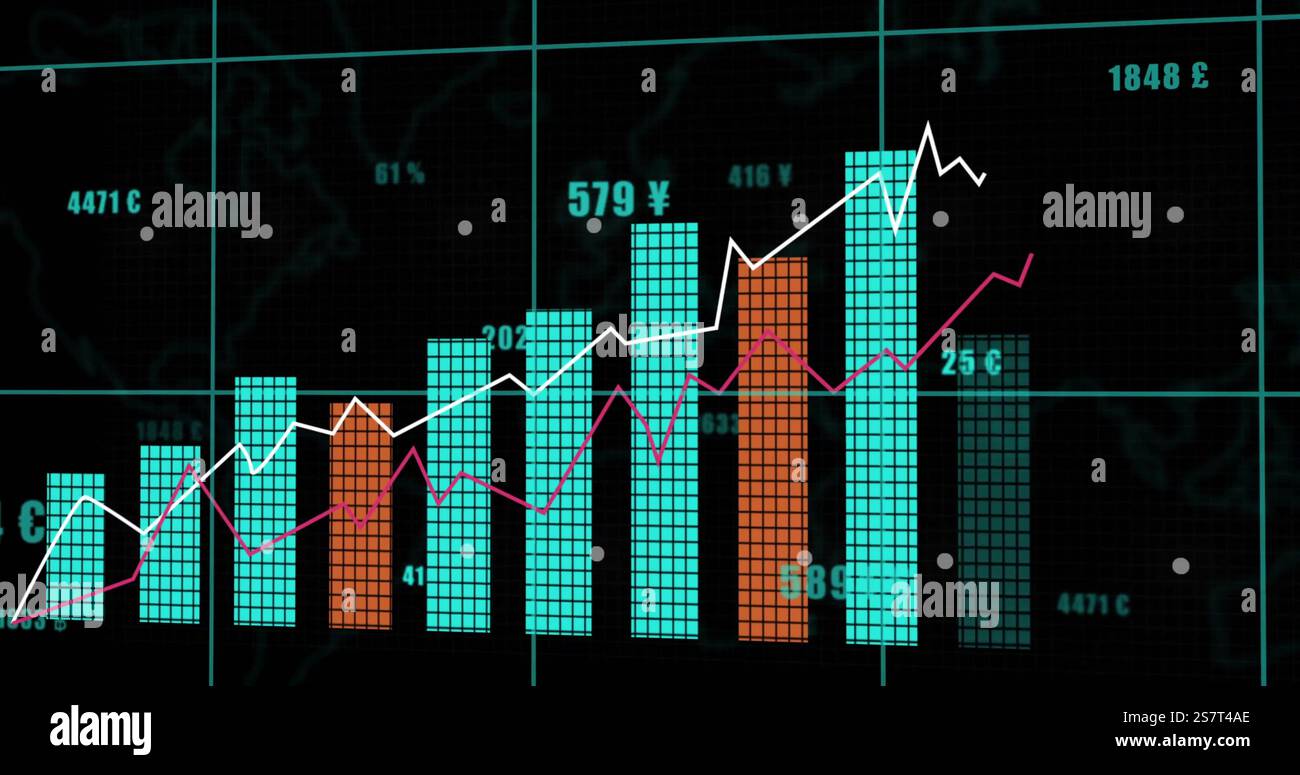 Immagine di statistiche ed elaborazione di dati digitali su sfondo scuro Foto Stock
