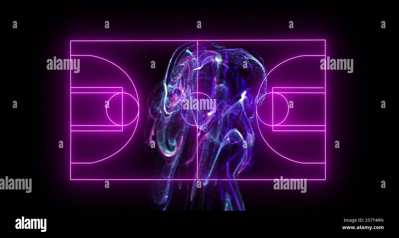 Linee al neon per il campo da basket con un'immagine astratta e vorticosa al centro Foto Stock