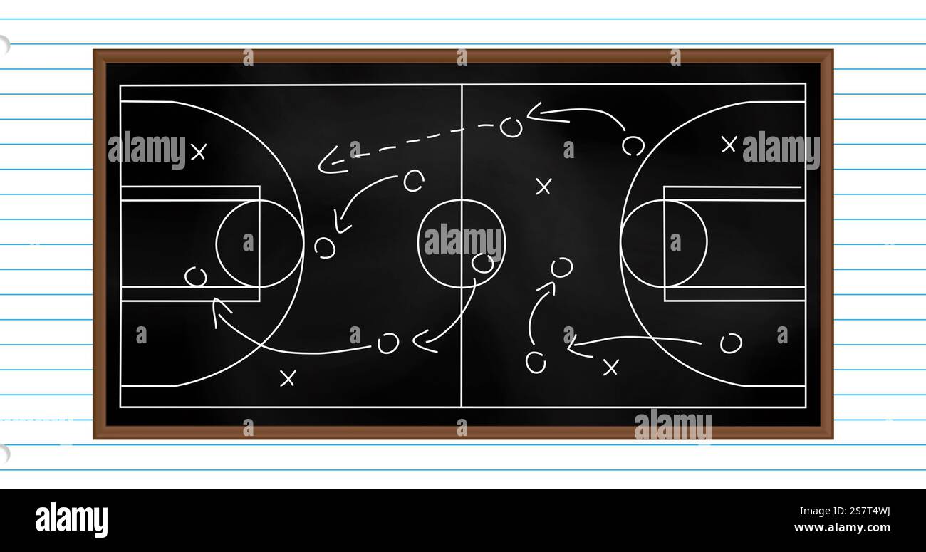 Immagine della strategia di pallacanestro su lavagna con disegno del campo e delle posizioni dei giocatori Foto Stock