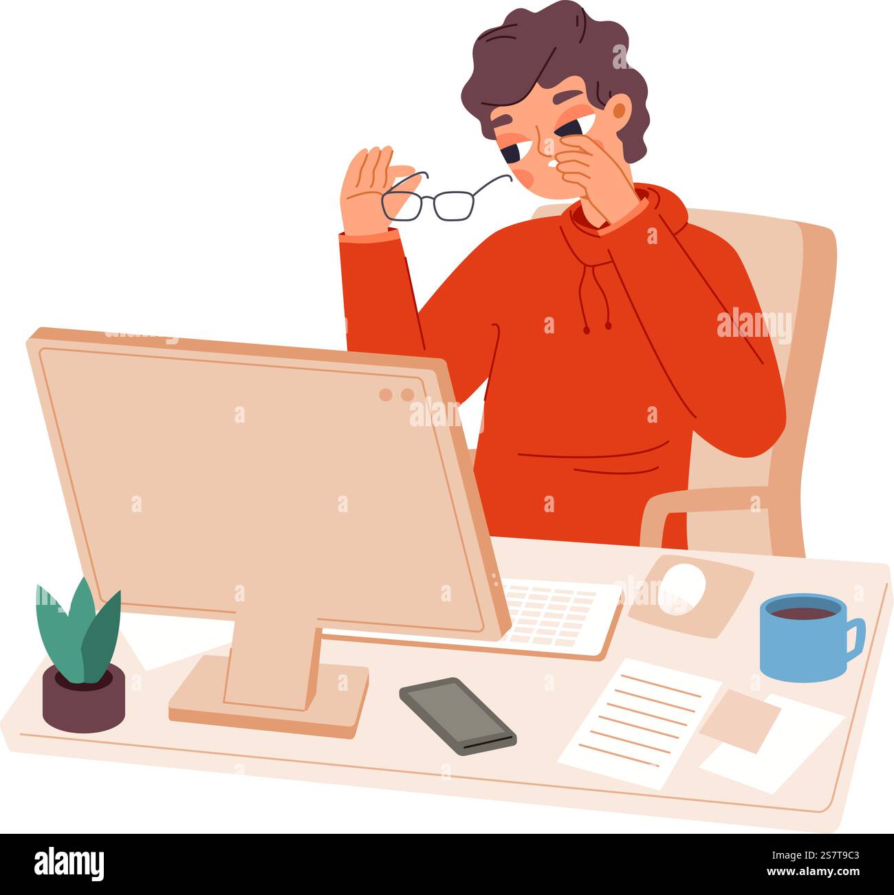 Occhi stanchi del computer. Affaticamento degli impiegati, problemi di visione dei pc. Malattie degli occhi, assistenza sanitaria e tecnologia. Strain Student in una scenografia vettoriale. Immagine del computer dell'ufficio per lavoro. Occhi stanchi del computer. Affaticamento degli impiegati, problemi di visione dei pc. Malattie degli occhi, assistenza sanitaria e tecnologia. Strain Student in una scenografia vettoriale Illustrazione Vettoriale