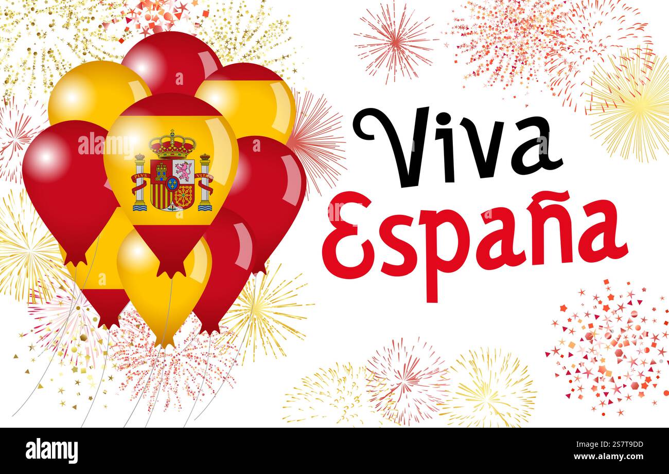 Banner luminoso per le feste, modello modificabile con fuochi d'artificio rossi e gialli e palloncini con bandiera 3D. Concetto di storie sulla cronologia dei social network. Design della cartolina Illustrazione Vettoriale