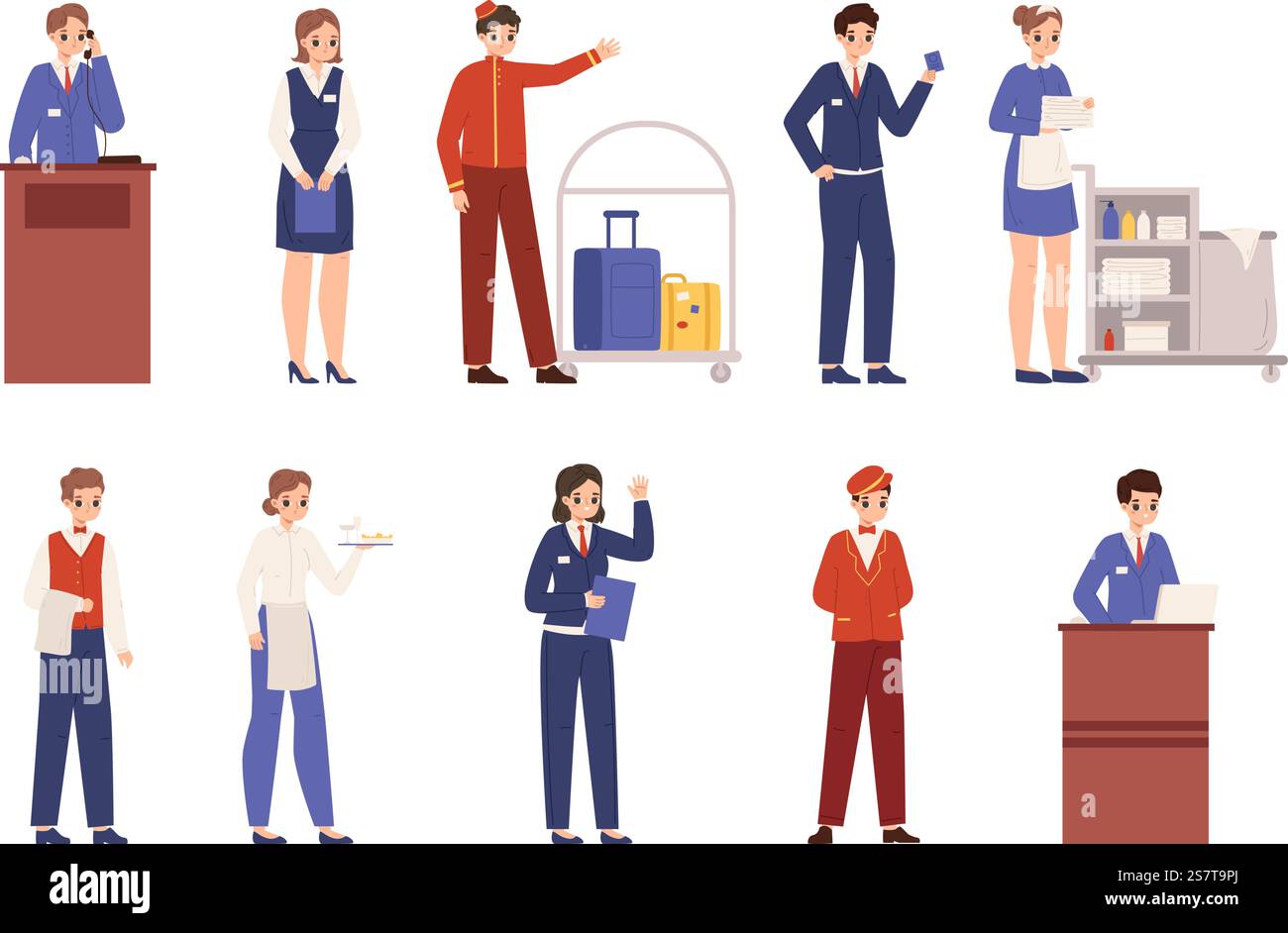 Personale della hall dell'hotel, servizio di ospitalità. Hotel affari, persone in uniforme. Il personale della reception, il cameriere e il personale addetto alle pulizie, professionale e attento ai personaggi vettoriali, si trova nella hall dell'hotel. Personale della hall dell'hotel, servizio di ospitalità. Hotel affari, persone in uniforme. Il personale addetto alla reception, il cameriere e il personale addetto alle pulizie, professionale e ben curato, è molto vettoriale Illustrazione Vettoriale