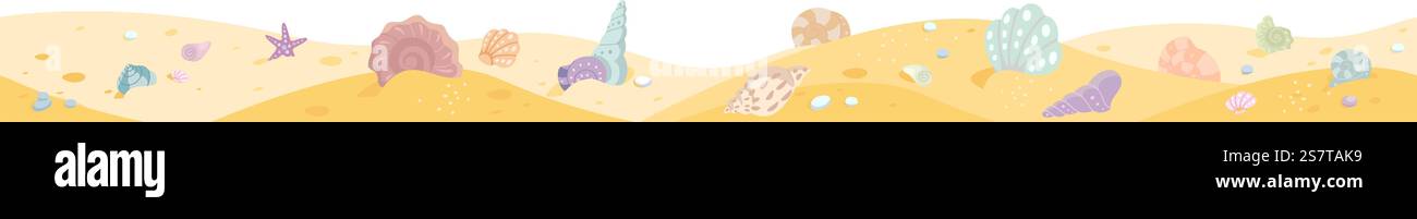 Conchiglie su sabbia senza cuciture. Spiaggia con conchiglie, elementi sottomarini sulla costa. Illustrazione decorativa del mare o dell'oceano nowaday vettoriale del cartoni animati del banner marino con motivo di sabbia marina. Conchiglie su sabbia senza cuciture. Spiaggia con conchiglie, elementi sottomarini sulla costa. Banner marino decorativo marino a cartoni vettoriali di mare o oceano nowaday Illustrazione Vettoriale