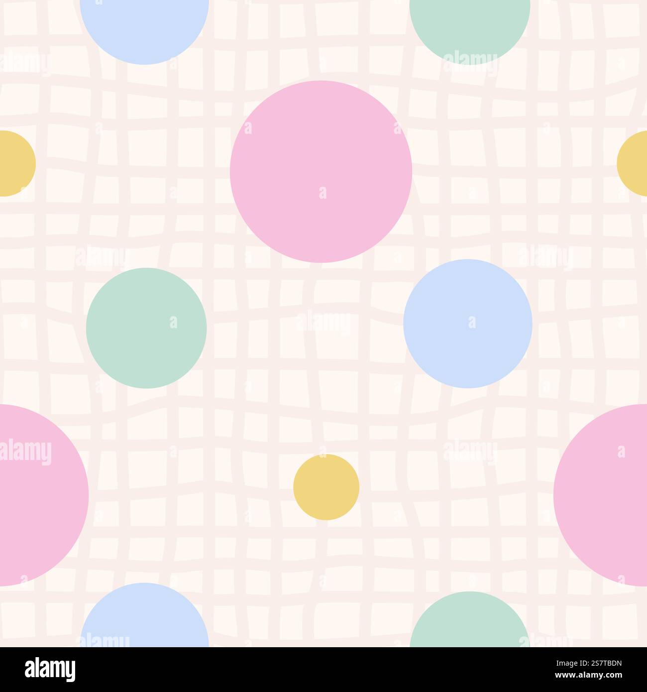 Pois polka con motivo a righe di colore Vichy senza cuciture. Colori pastello cerchio coriandoli sfondo infinito. Macchie colorate e caotiche ornamento continuo. Progettazione di superfici Illustrazione Vettoriale