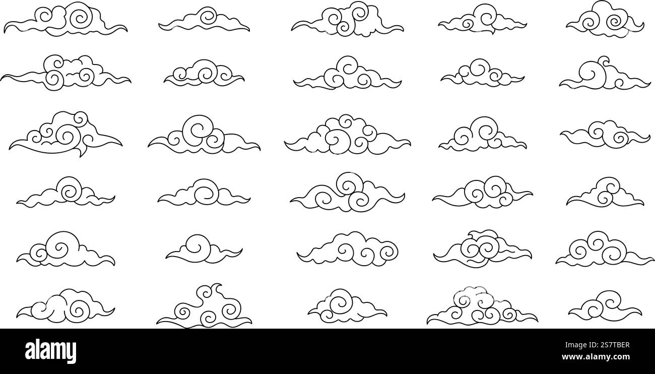 Nuvole coreane in stile asiatico. Nuvola giapponese lineare, elementi orientali tradizionali. Simboli di linea decorativi Doodle asia, grafica piatta vettoriale decente illustrazione in coreano o giapponese. Nuvole coreane in stile asiatico. Nuvola giapponese lineare, elementi orientali tradizionali. Simboli di linea decorativi Doodle asia, grafica piatta vettoriale decente Illustrazione Vettoriale