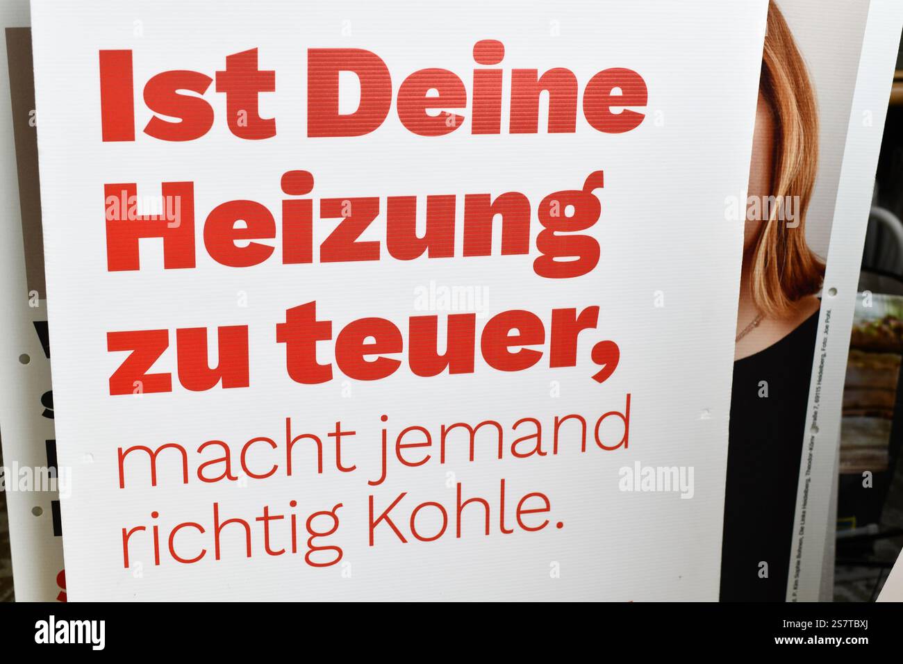 Germania - 1 gennaio 2025: Manifesto elettorale del partito politico di sinistra "Die Linke" con slogan contro gli alti costi di riscaldamento per l'electio federale Foto Stock