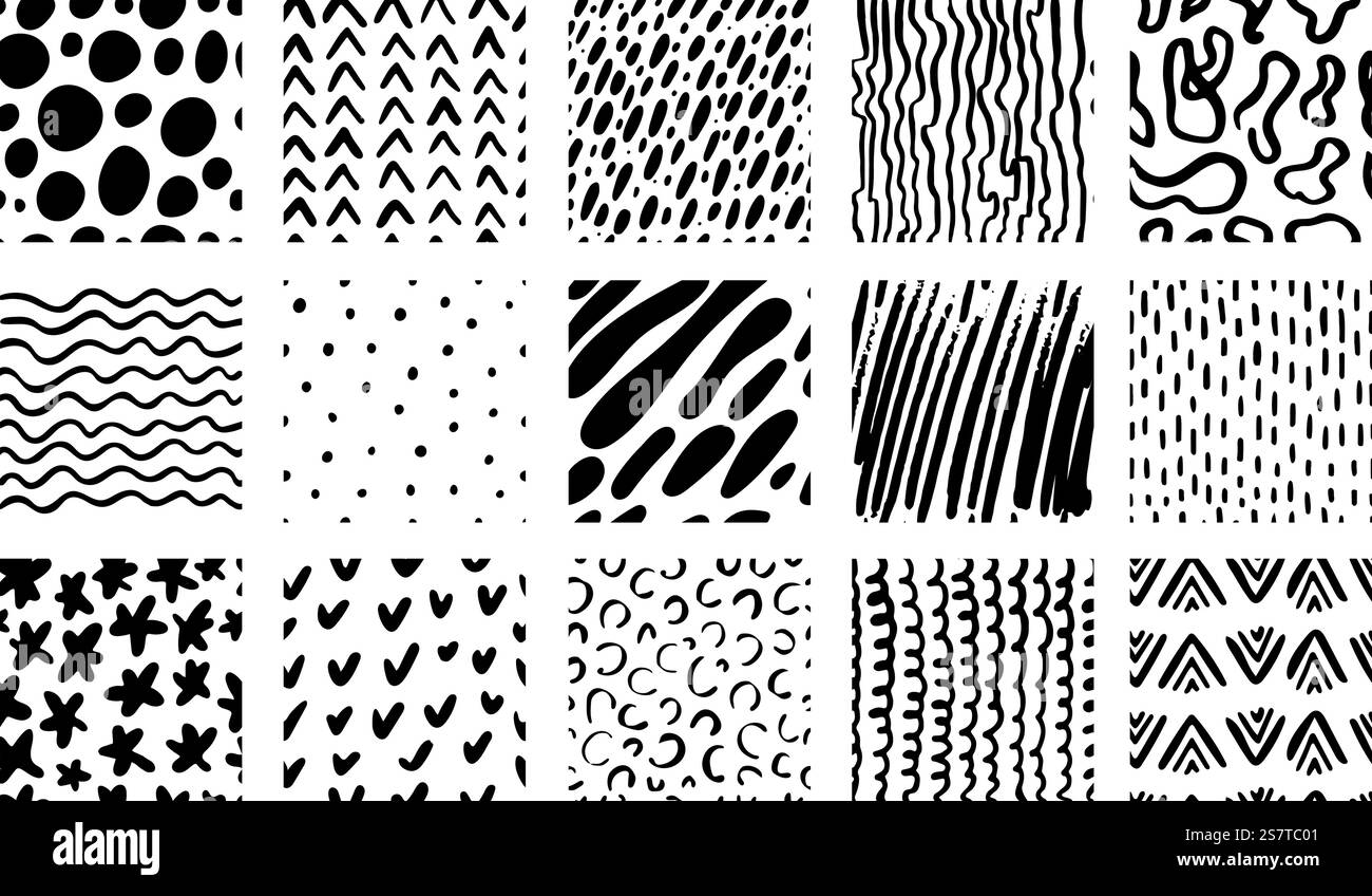 Trame per disegni a pastello, kit di motivi senza cuciture per grunge a inchiostro trafilato a mano. Disegnare schizzi di scarabocchi e stampe di tessuto a punti, set di vettori astratti neoterici di illustrazione di sfondo di disegni a inchiostro. Trame per disegni a pastello, kit di motivi senza cuciture per grunge a inchiostro trafilato a mano. Disegna a doodle scarabocchi e stampa di tessuti a punti, set di vettori astratti neoterici Illustrazione Vettoriale