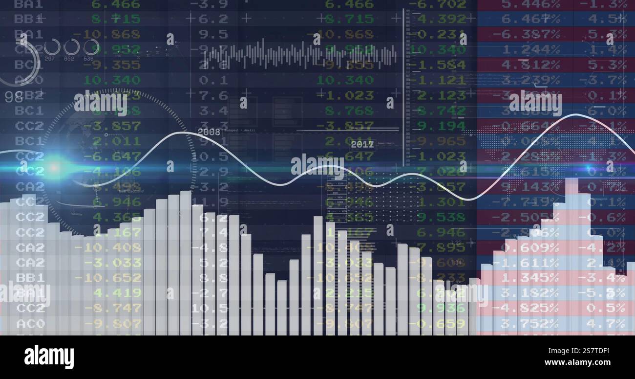 Immagine di statistiche ed elaborazione di dati digitali su sfondo scuro Foto Stock