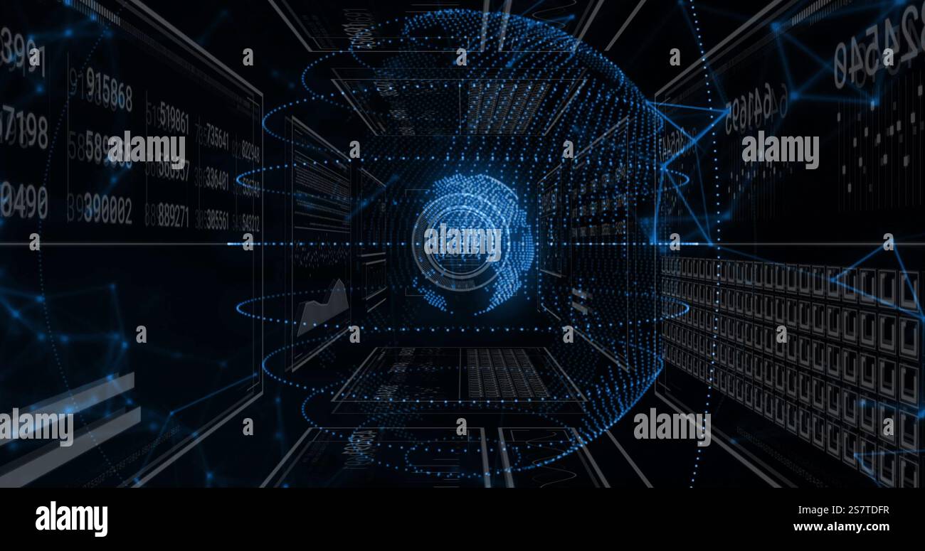 Immagine di statistiche ed elaborazione di dati digitali su sfondo scuro Foto Stock