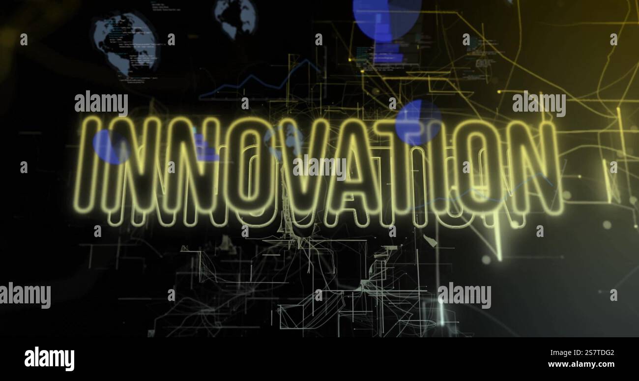 Immagine di testo innovativo con connessioni rispetto all'elaborazione dei dati su sfondo nero Foto Stock