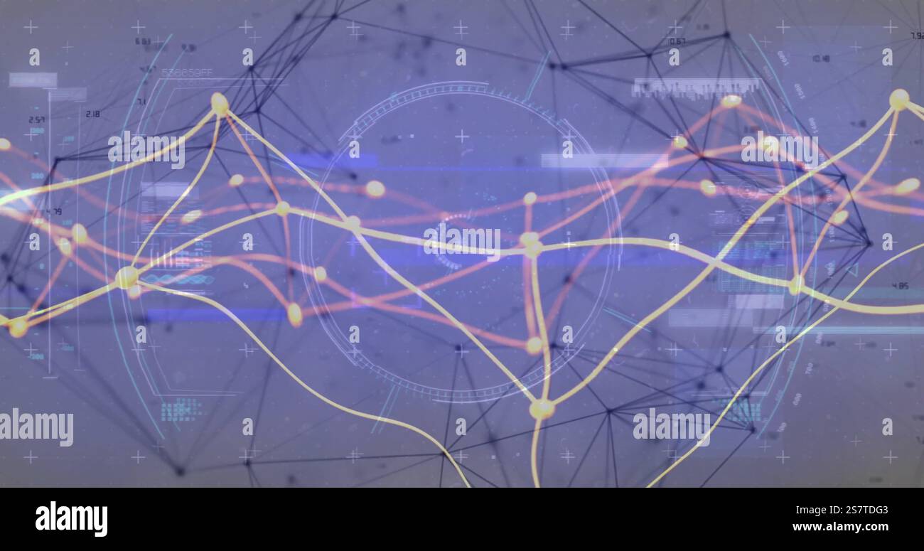 Immagine dell'elaborazione dei dati e della rete di connessioni su sfondo viola Foto Stock