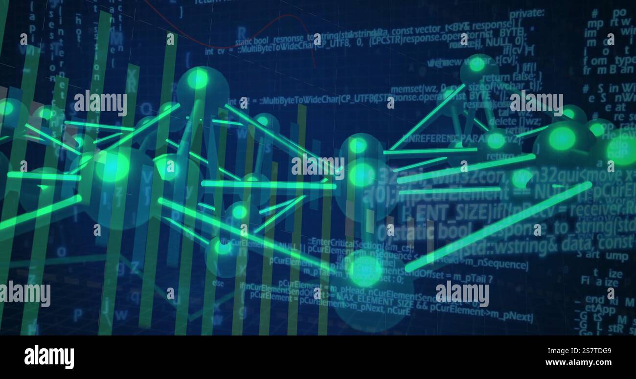 Immagine dell'elaborazione dei dati e della rete di connessioni su sfondo scuro Foto Stock