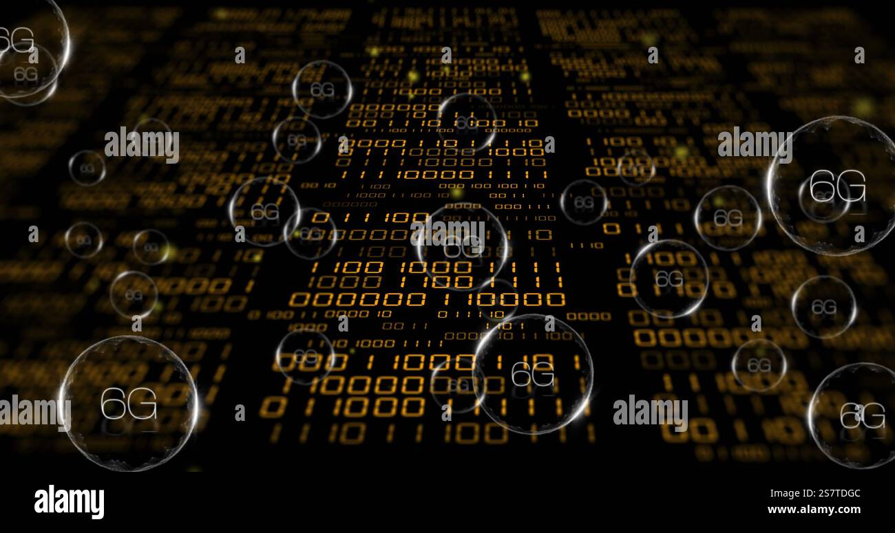 Codice binario e immagine di testo 6G su sfondo a matrice digitale Foto Stock