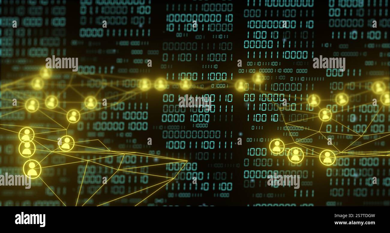 Codice binario e connessioni di rete, immagine di elaborazione dati su sfondo digitale Foto Stock