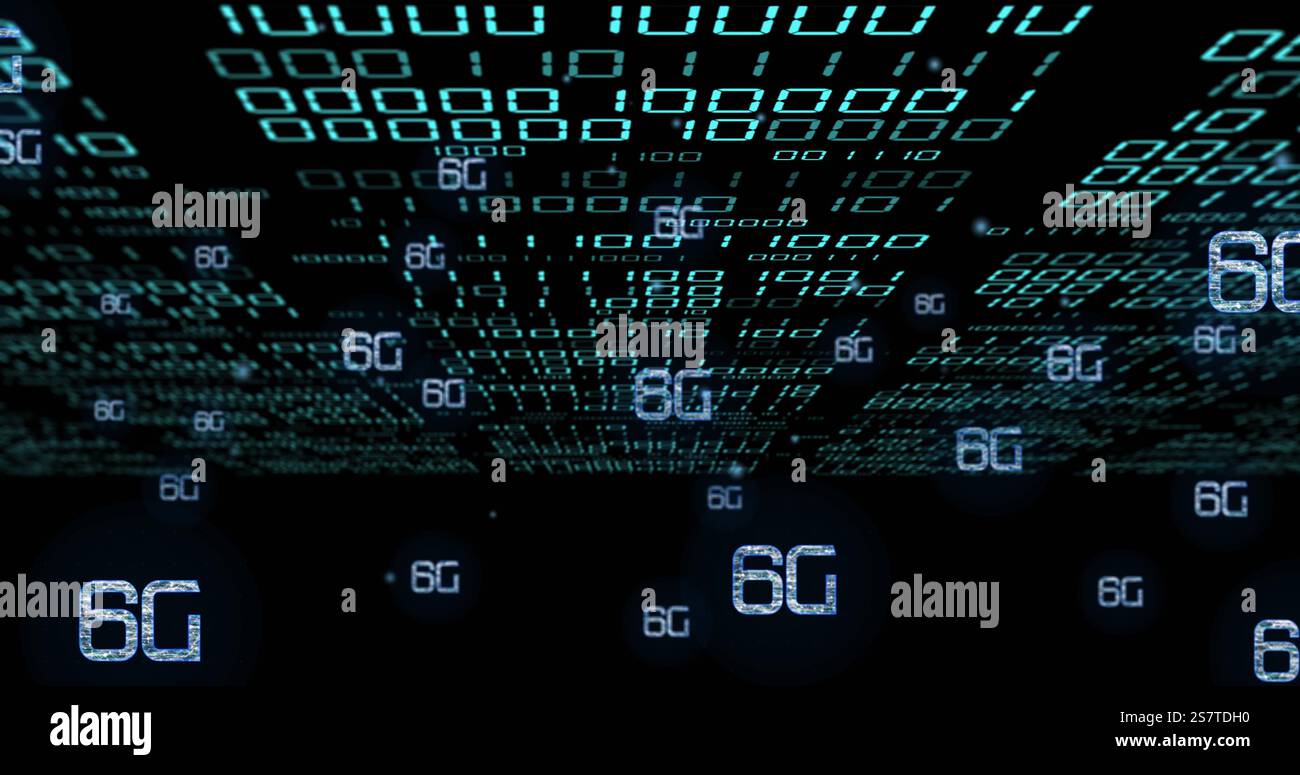 Codifica di testo e binari 6G, futuristica immagine di elaborazione dati Foto Stock