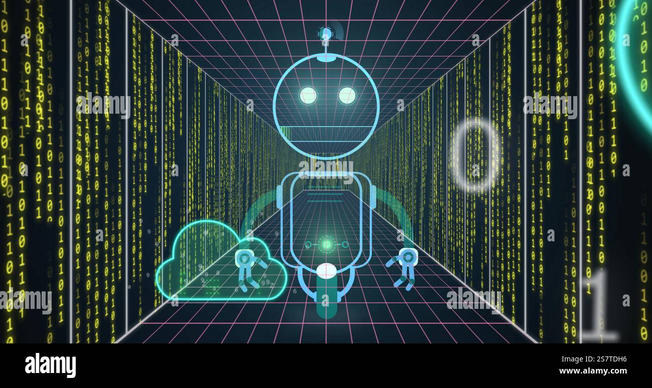 Immagine di robot e cloud computing sullo sfondo del tunnel dati digitale Foto Stock