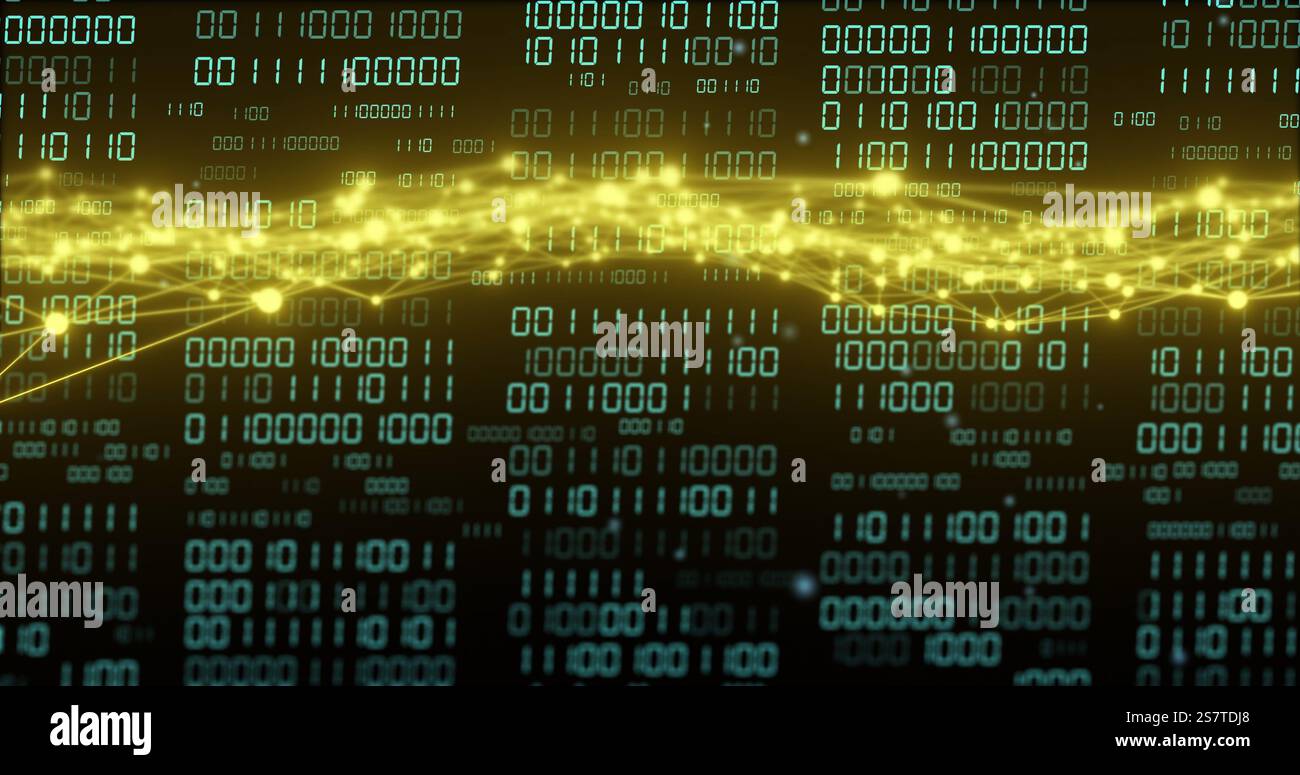 Codice binario e immagine di elaborazione dati con onda luminosa Foto Stock