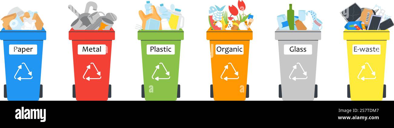 Gestione della separazione dei rifiuti, contenitori piani per rifiuti con rifiuti organici, metallici e carta. Contenitori in plastica isolati, riciclare il concetto vettoriale decente di contenitore per utilizzare l'illustrazione. Gestione della separazione dei rifiuti, contenitori piani per rifiuti con rifiuti organici, metallici e carta. Contenitori in plastica isolati, riciclare un concetto vettoriale decente Illustrazione Vettoriale