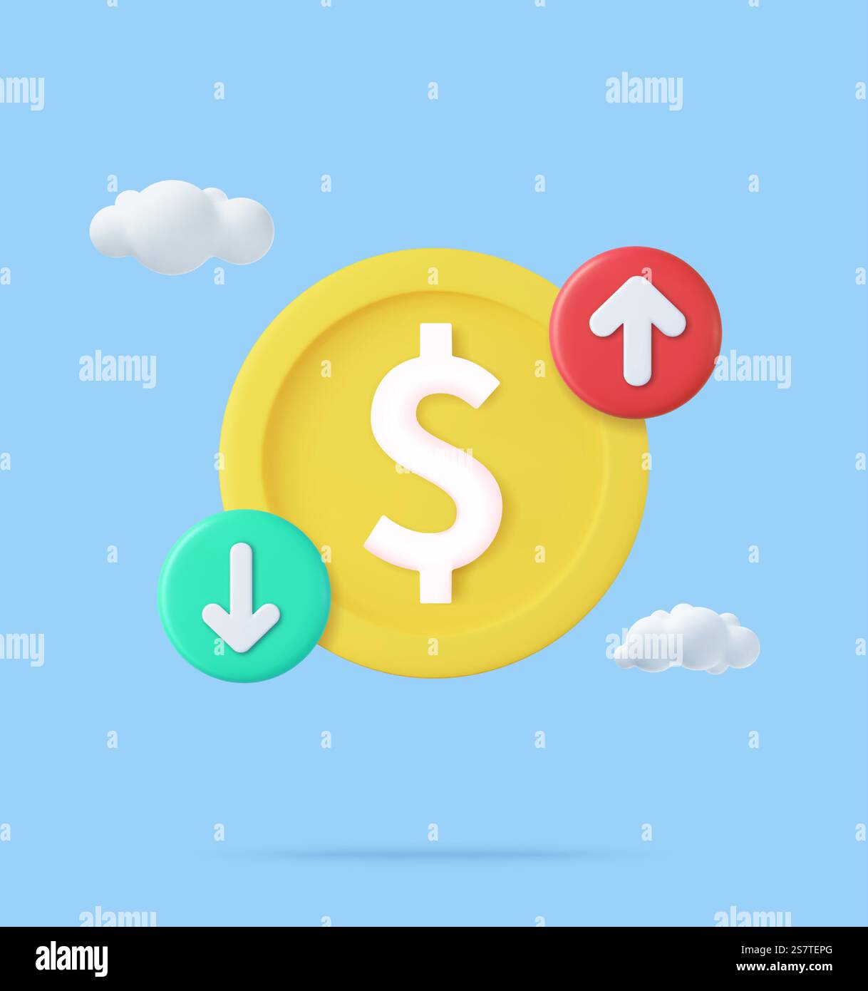 Costo 3d del dollaro con freccia giù e su. Moneta di dollaro con perdita o crescita. rendering 3d. Illustrazione vettoriale. Costo 3d del dollaro con freccia giù e su. Illustrazione Vettoriale