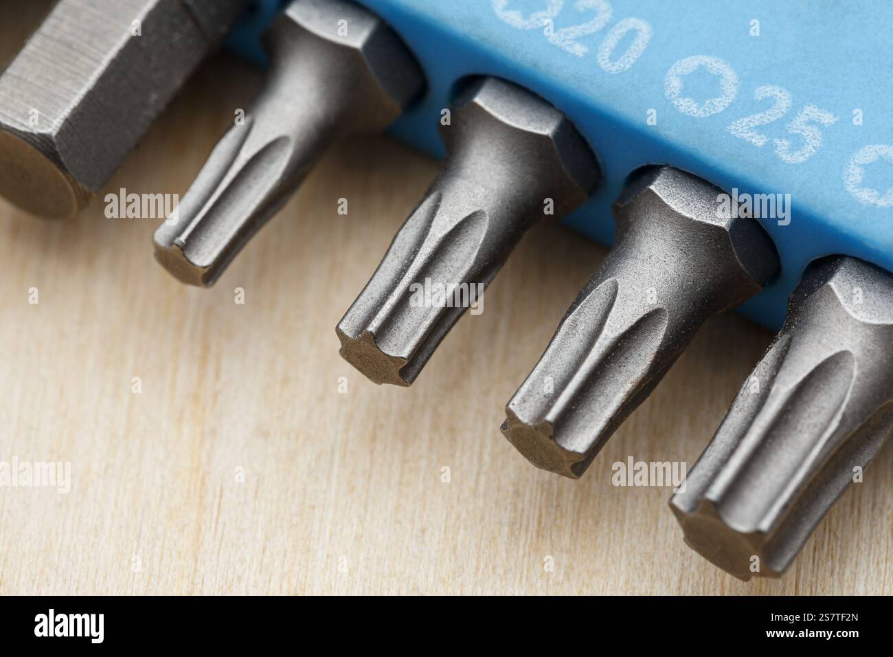 Set di punte Torx in un supporto blu. Primo piano Foto Stock