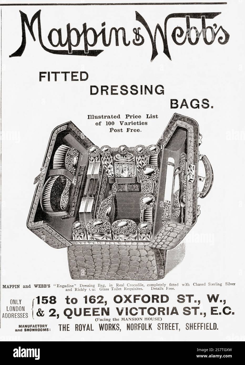 Pubblicità della fine del XIX secolo per i sacchetti per vestiti Mappin & Webb's Fitting. Dal giornale Graphic Illustrated Weekly, pubblicato nel 1897. Foto Stock