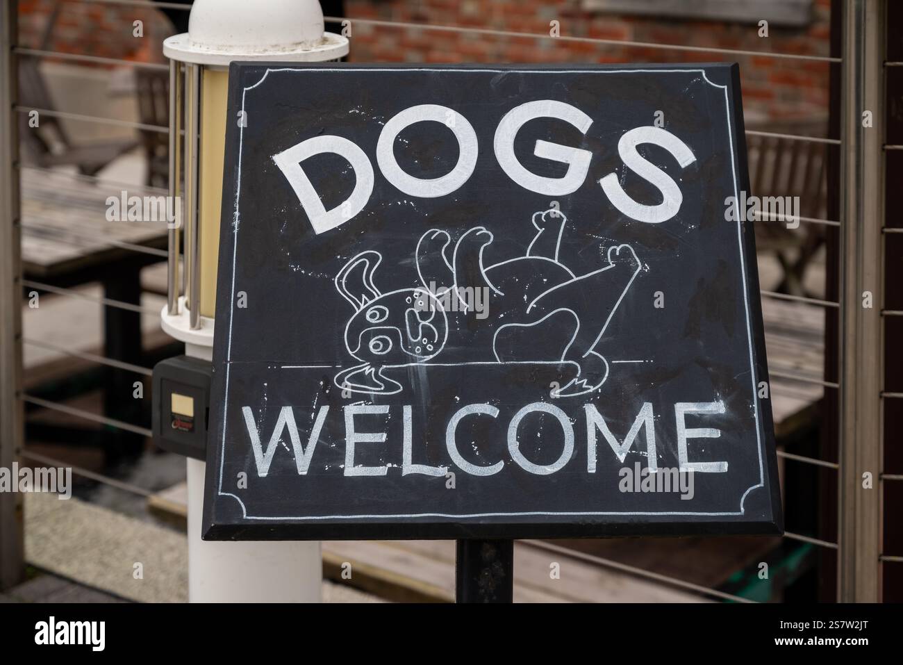 I cani sono ammessi all'esterno di un pub britannico. Gennaio 2025. Foto Stock