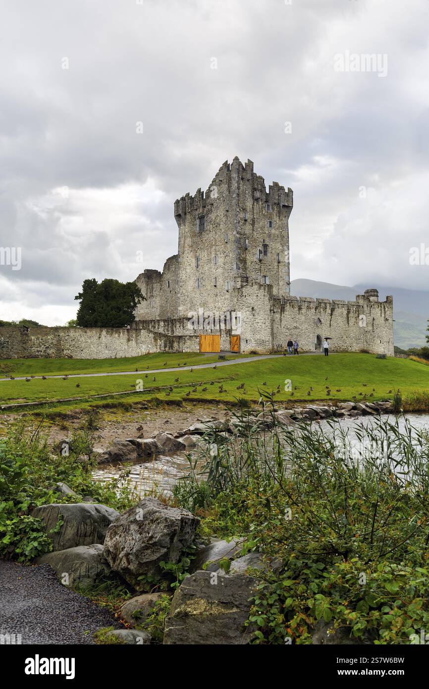 Le rovine del castello di Ross sulla riva del lago, Lough Leane, Killarney National Park, Ring of Kerry, Iveragh Peninsula, County Kerry, Irlanda, Europa Foto Stock