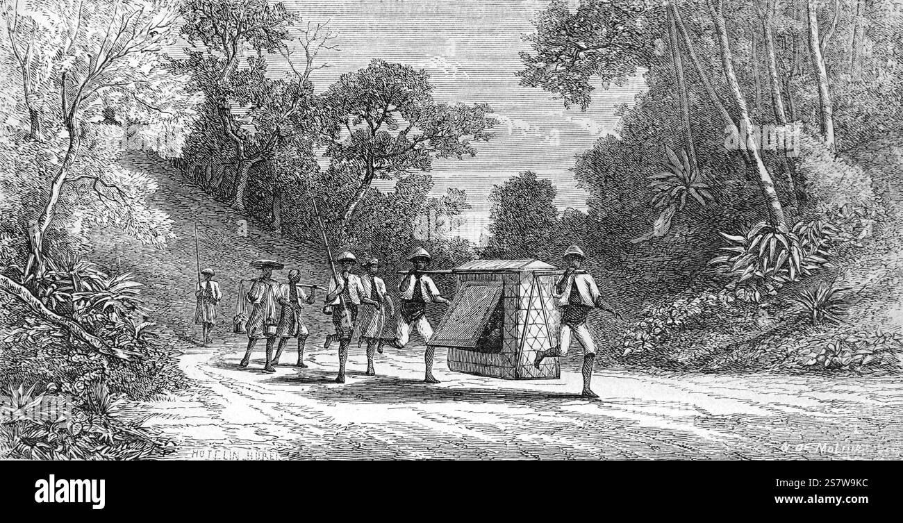 Palanchino giavanese, lettiera o sedia berlina trasportati da Porter giavanesi che indossano abiti tradizionali Java Indonesia. Incisione vintage o storica o illustrazione 1864 Foto Stock