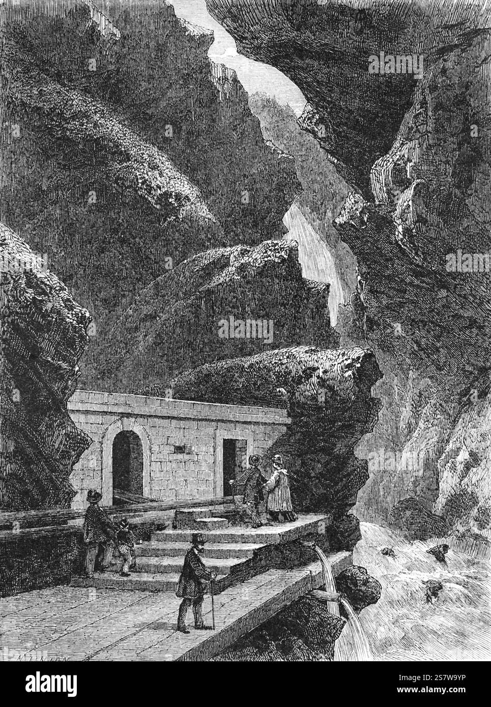 Turisti o visitatori presso la sorgente naturale o sorgente del fiume Pfäfers e della gola o Canyon vicino a Ragaz o Bag Ragaz St. Gallen Sarganserland Svizzera. Incisione vintage o storica o illustrazione 1864 Foto Stock