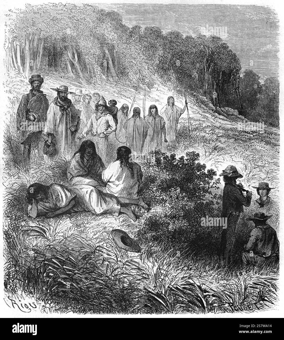 I viaggiatori che includono coloniali spagnole e Shipibo-Conibo riposano sulla spiaggia di Sarayacu sulle rive del fiume Ucayli in Perù. Gli Shipibo-Conibo sono un popolo indigeno del Perù che vive lungo il fiume Ucayali nella foresta pluviale amazzonica del Perù in Sud America. Illustrazione o incisione vintage o storica 1864 Foto Stock