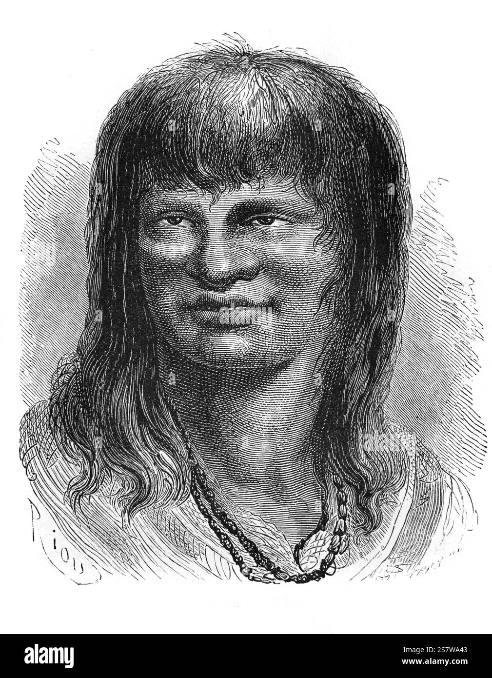 Ritratto dell'uomo Shipibo-Conibo con capelli lunghi. Gli Shipibo-Conibo sono un popolo indigeno del Perù che vive lungo il fiume Ucayali nella foresta pluviale amazzonica del Perù in Sud America. Illustrazione o incisione vintage o storica 1864 Foto Stock