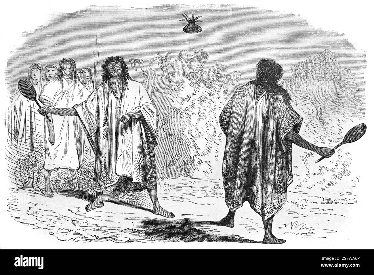 I nativi peruviani Shipibo-Conibo giocano un gioco simile a un rubinetto o uno sport di raquet relativo a Badminton, Battledore e Shuttlecock o Jeu de Volant. Gli Shipibo-Conibo sono un popolo indigeno del Perù che vive lungo il fiume Ucayali nella foresta pluviale amazzonica del Perù in Sud America. Illustrazione o incisione vintage o storica 1864 Foto Stock