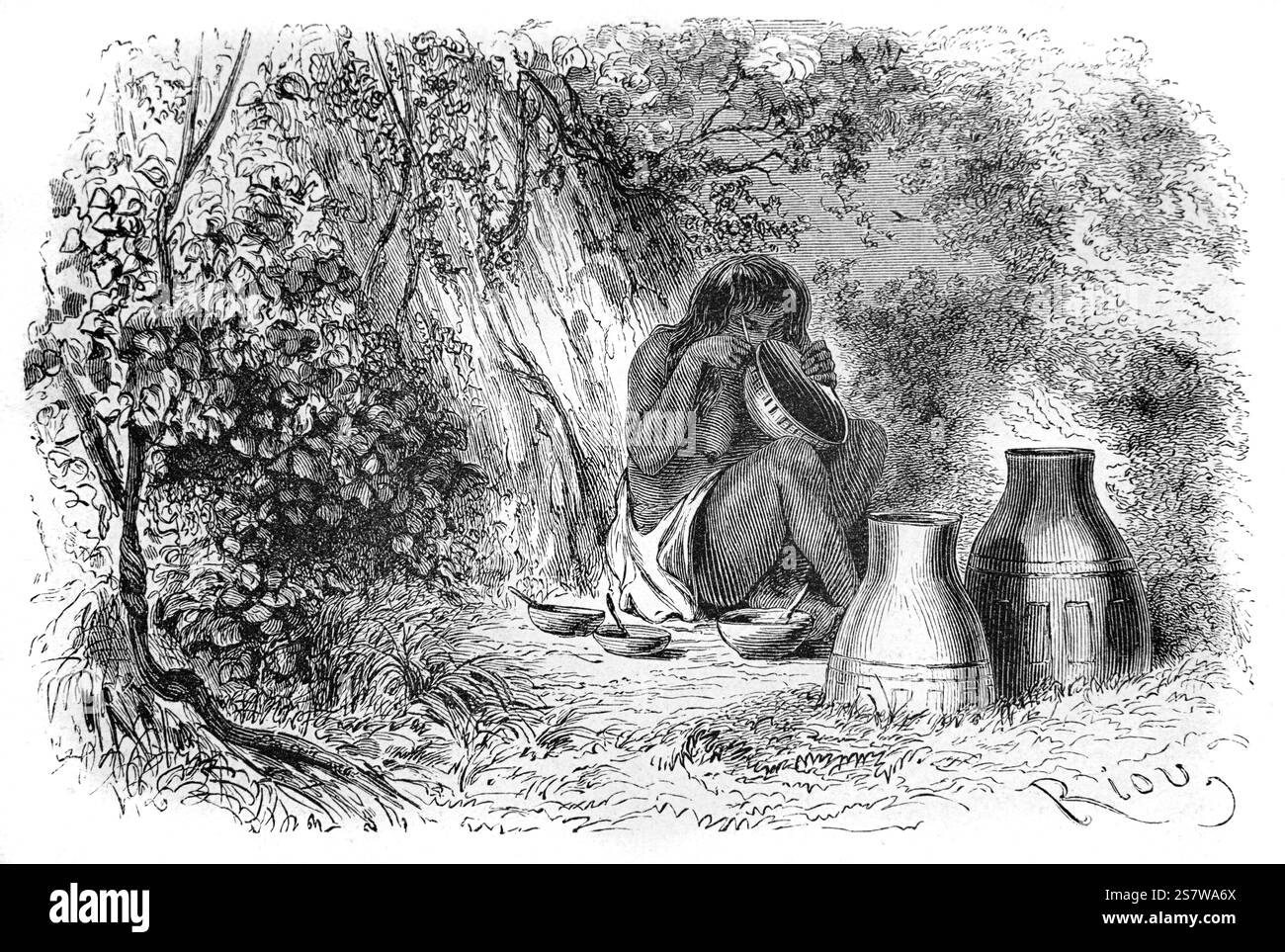Conibo o donna Conibos Pittura vasi o ceramica. Gli Shipibo-Conibo sono un popolo indigeno del Perù che vive lungo il fiume Ucayali nella foresta pluviale amazzonica del Perù in Sud America. Illustrazione o incisione vintage o storica 1864 Foto Stock