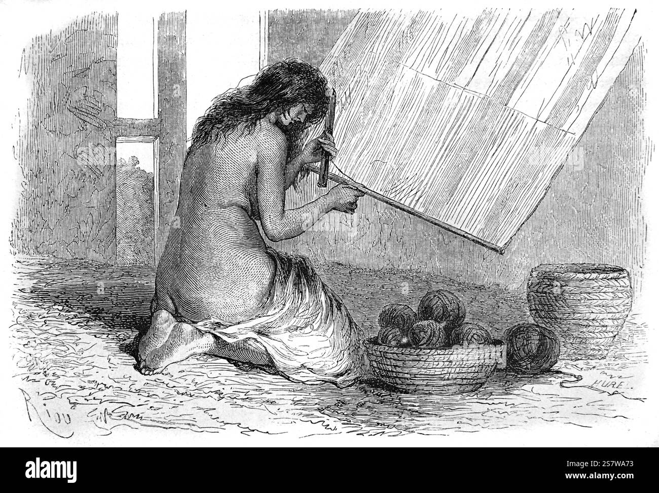 Conibo o Conibos Woman Weaving. Gli Shipibo-Conibo sono un popolo indigeno del Perù che vive lungo il fiume Ucayali nella foresta pluviale amazzonica del Perù in Sud America. Illustrazione o incisione vintage o storica 1864 Foto Stock