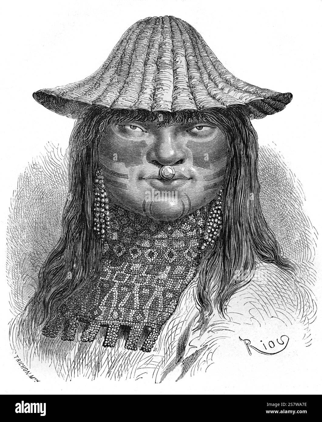 Ritratto dell'uomo Shipibo-Conibo con capelli lunghi. Gli Shipibo-Conibo sono un popolo indigeno del Perù che vive lungo il fiume Ucayali nella foresta pluviale amazzonica del Perù in Sud America. Illustrazione o incisione vintage o storica 1864 Foto Stock