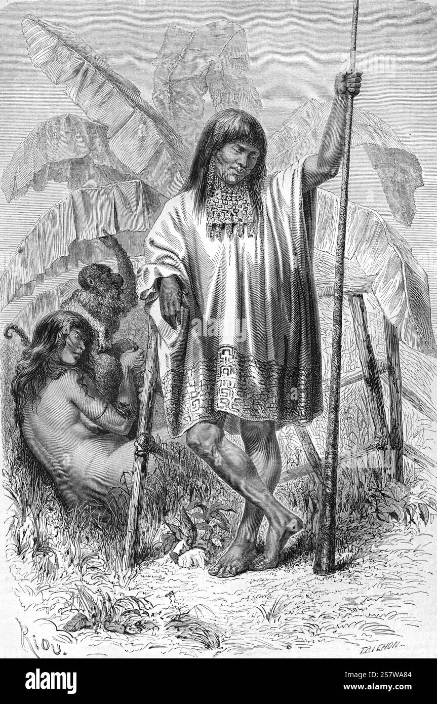 Shipibo o Conibo Amerindian o Indiano nativo americano dell'Amazzonia peruviana, Perù, Sud America. Gli Shipibo-Conibo sono un popolo indigeno del Perù che vive lungo il fiume Ucayali nella foresta pluviale amazzonica del Perù in Sud America. Illustrazione o incisione vintage o storica 1864 Foto Stock