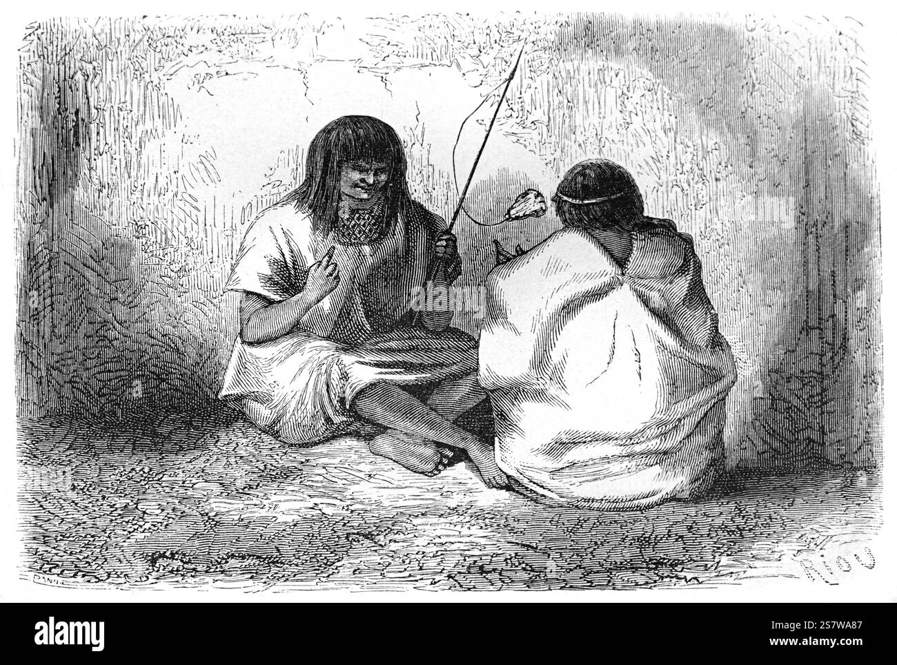 I nativi peruviani Shipibo-Conibo giocano il tradizionale gioco di Coppa e palla, noto anche come Ball in a Cup, Ring and pin, Boliche, Capirucho o Balero. Il gioco o giocattolo è stato introdotto in Sud America dagli spagnoli. Gli Shipibo-Conibo sono un popolo indigeno del Perù che vive lungo il fiume Ucayali nella foresta pluviale amazzonica del Perù in Sud America. Illustrazione o incisione vintage o storica 1864 Foto Stock