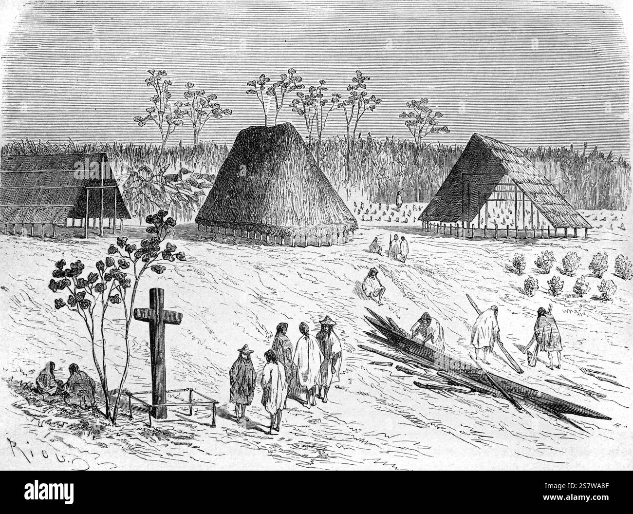 Missione cristiana o missionari a Santa Rita, villaggio Shipibo-Conibo in Perù, Sud America. Gli Shipibo-Conibo sono un popolo indigeno del Perù che vive lungo il fiume Ucayali nella foresta pluviale amazzonica del Perù in Sud America. Illustrazione o incisione vintage o storica 1864 Foto Stock