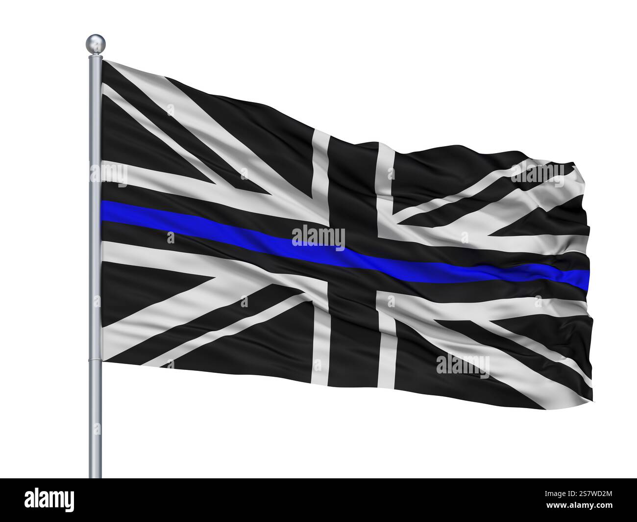 Bandiera Union Jack sottile linea blu isolata su asta a bandiera con sfondo bianco Foto Stock
