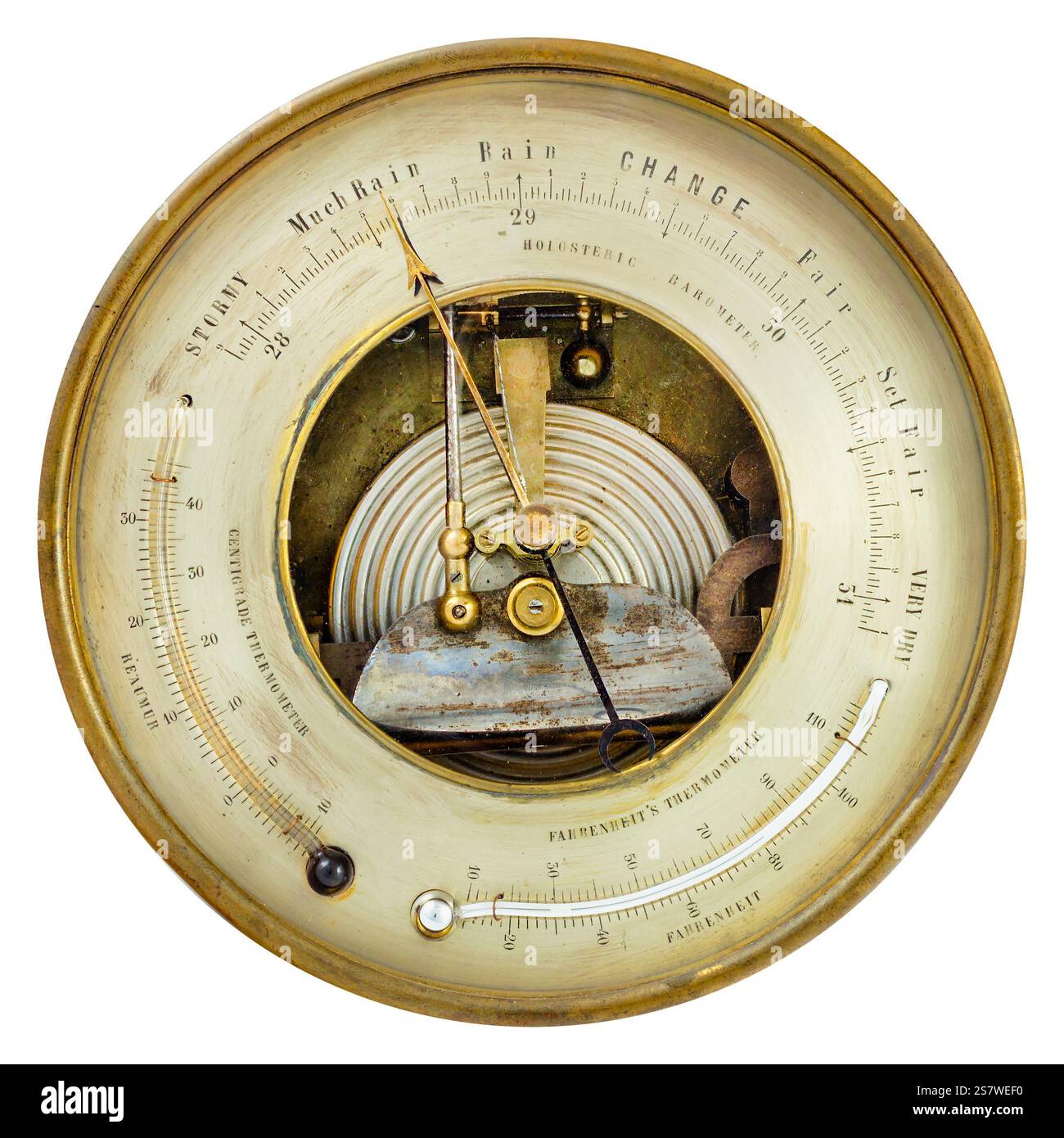 Barometro ornamentale vintage con testo inglese isolato su sfondo bianco Foto Stock