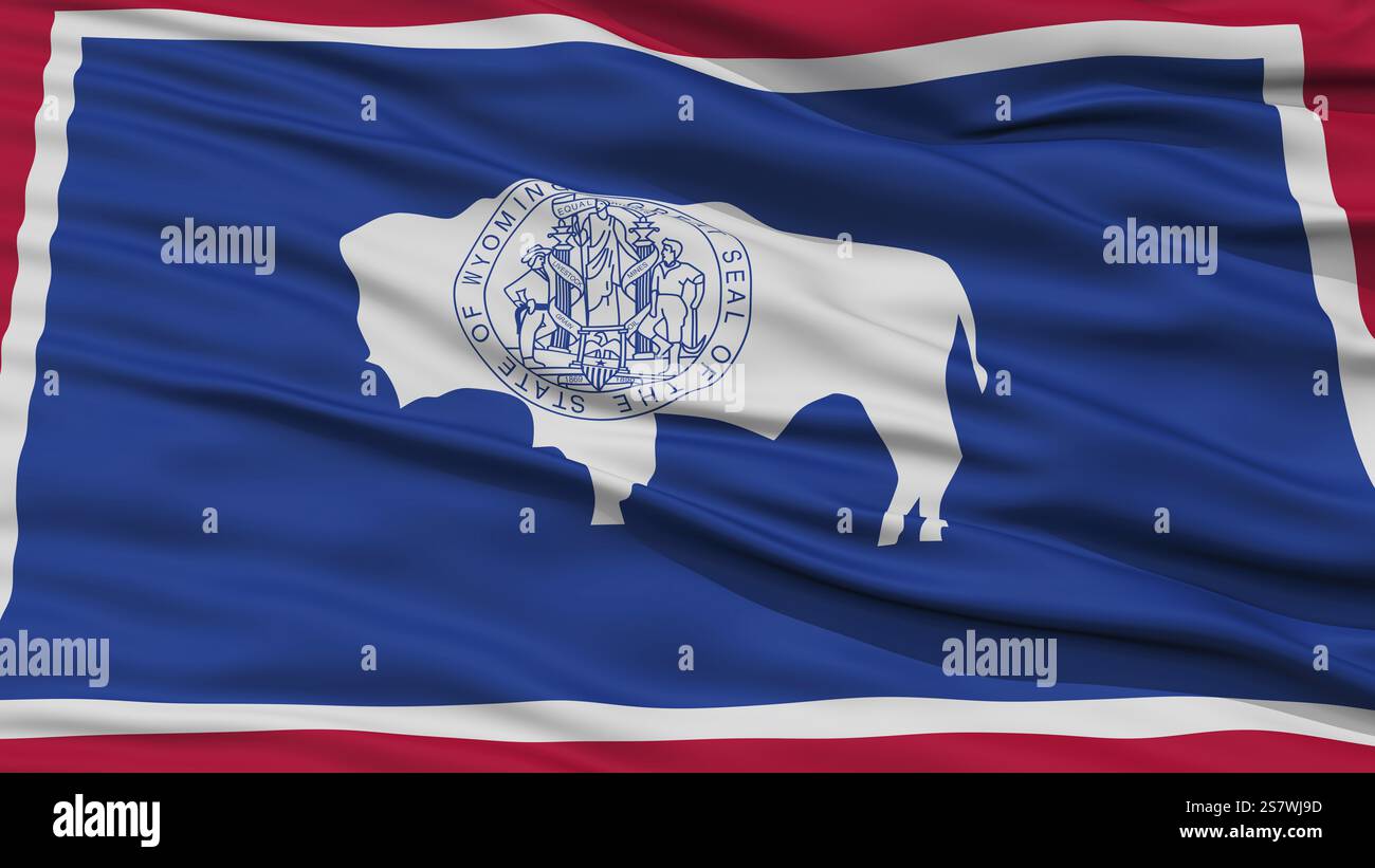 Closeup Wyoming bandiera sul pennone, STATI UNITI D'AMERICA stato, sventolando nel vento, ad alta risoluzione Foto Stock