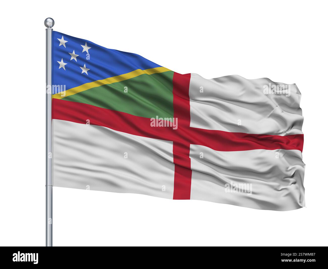 Solomon Islands Naval Ensign Flag on Flagpole, isolata su sfondo bianco Foto Stock