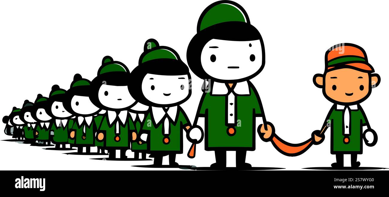 Soldati dei cartoni animati in uniforme in fila. Illustrazione vettoriale su sfondo bianco. Illustrazione Vettoriale