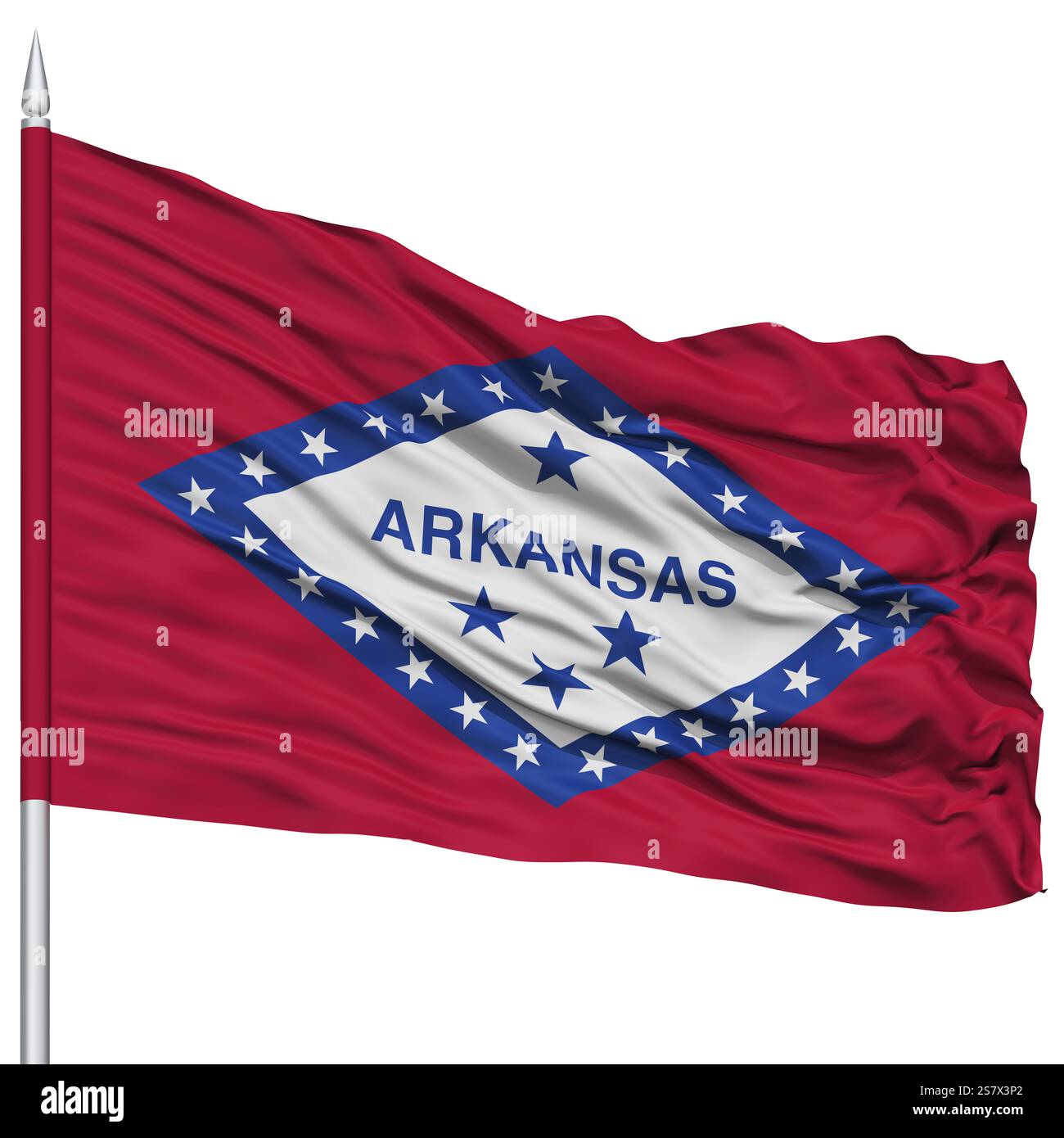 Isolato Arkansas bandiera sul pennone, STATI UNITI D'AMERICA membro, volare nel vento, isolato su sfondo bianco Foto Stock