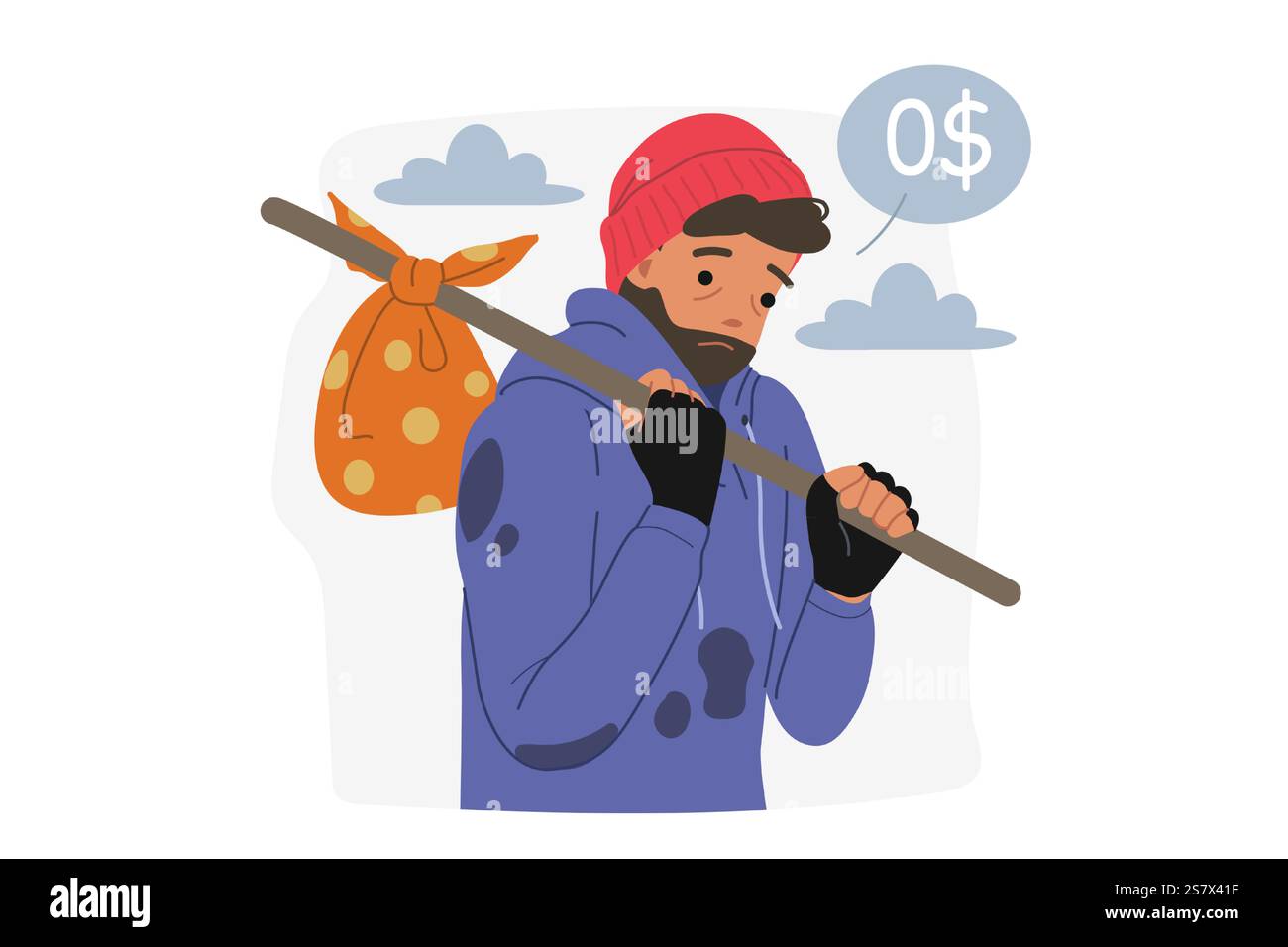 Un povero uomo vaga per il mondo e pensa all'assenza di denaro in conto, ha bisogno di aiuto Illustrazione Vettoriale