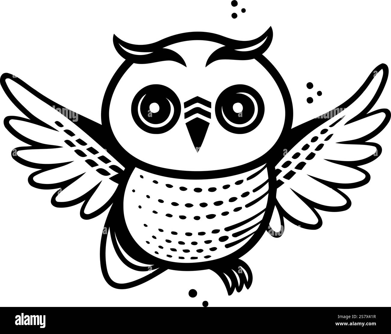 Gufo con le ali. Illustrazione vettoriale in bianco e nero. Illustrazione Vettoriale