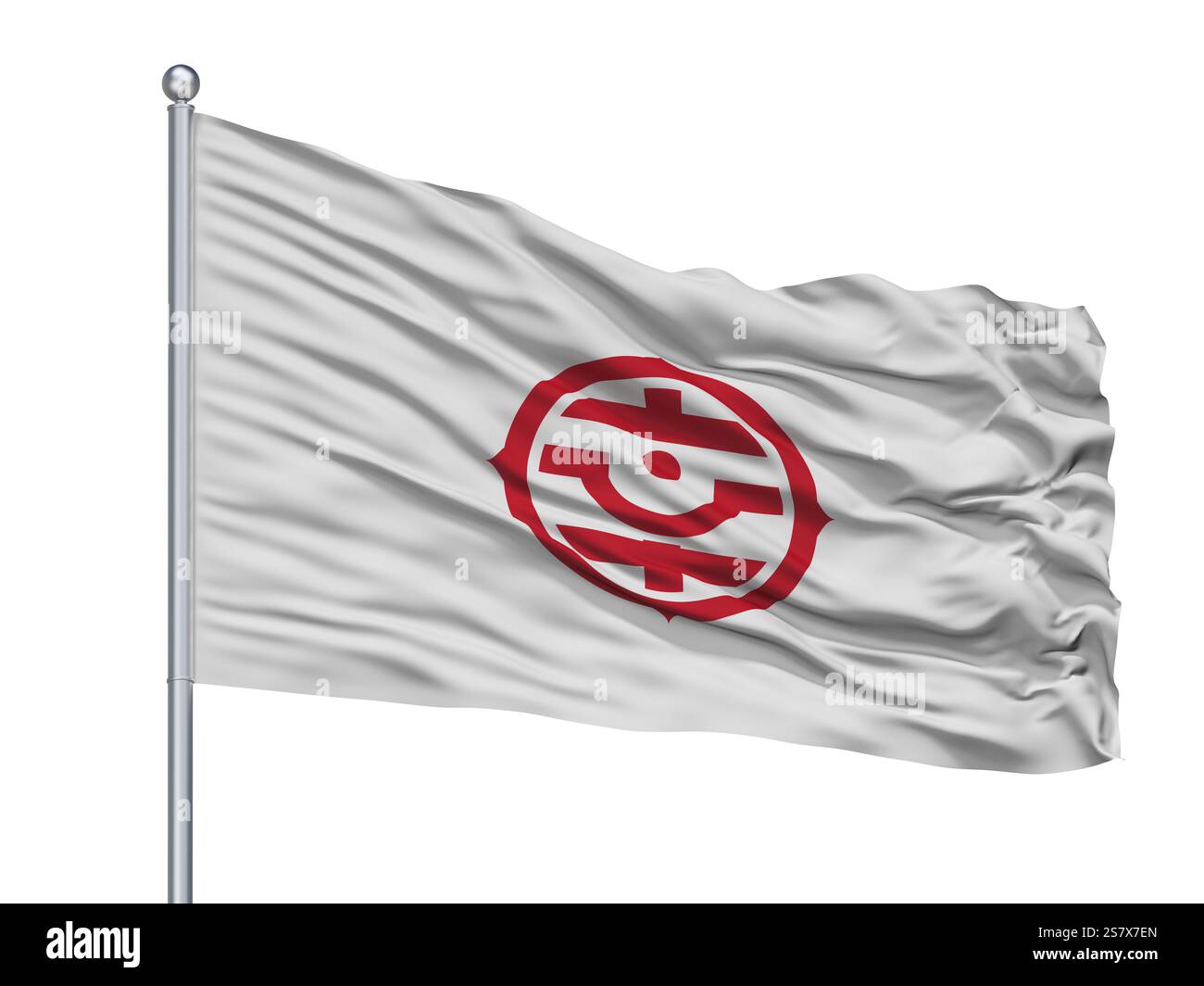 Shiki città bandiera sul pennone, paese Giappone, nella prefettura di Saitama, isolato su sfondo bianco Foto Stock