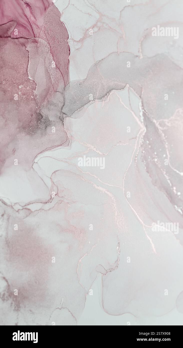 Grafica astratta con inchiostro alcolico in tonalità rosa e grigio tenui che creano una composizione serena Foto Stock