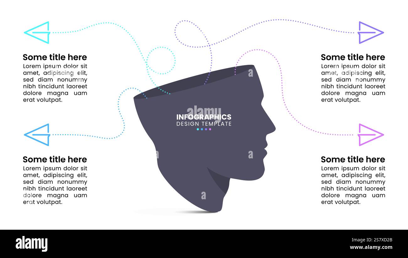 Modello infografico con 4 opzioni o passaggi. Aerei di carta come idee in testa. Può essere utilizzato per layout del flusso di lavoro, diagrammi, banner, webdesign. Illus vettoriale Illustrazione Vettoriale