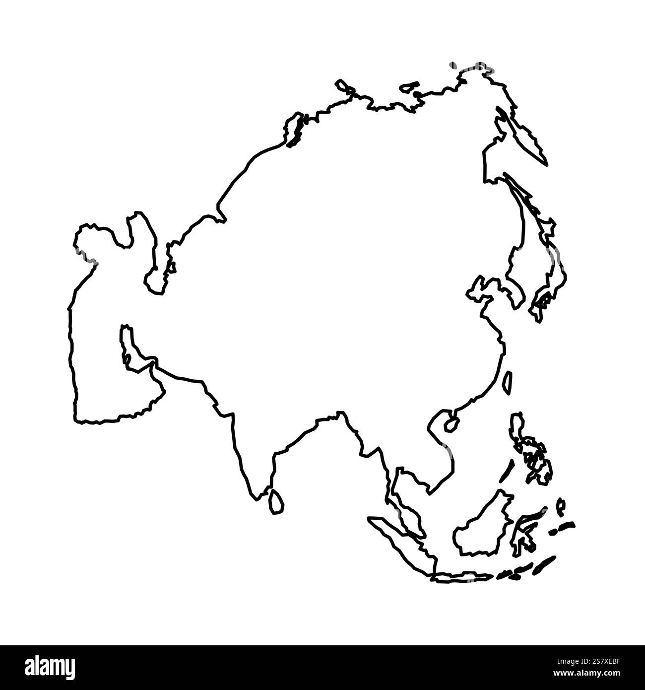 Viene visualizzata una chiara sagoma della mappa del continente asiatico. Il profilo cattura le caratteristiche geografiche e le forme delle regioni circostanti, evidenziando i diversi paesaggi. Illustrazione Vettoriale